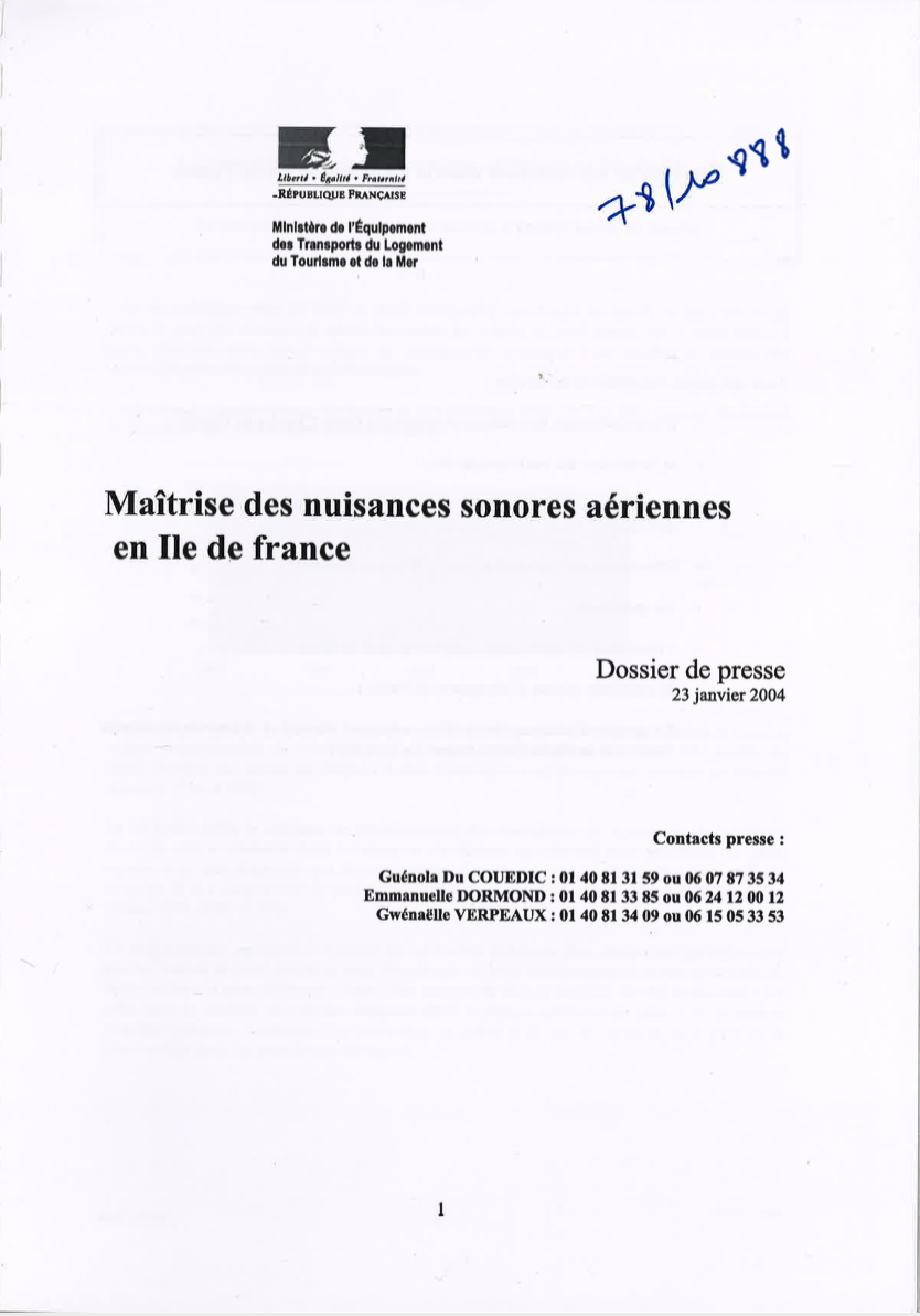 Maîtrise des nuisances sonores aériennes en Ile-de-France. Dossier de presse